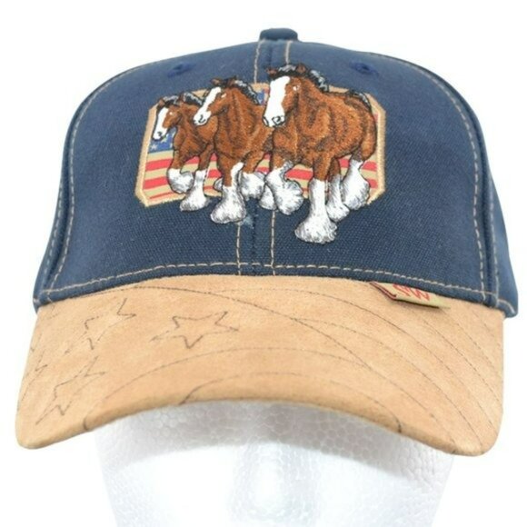 Vintage Patriotic Flag Stars Clydsdale Horses Bud Denim Blue Jean Cotton Hat Cap
